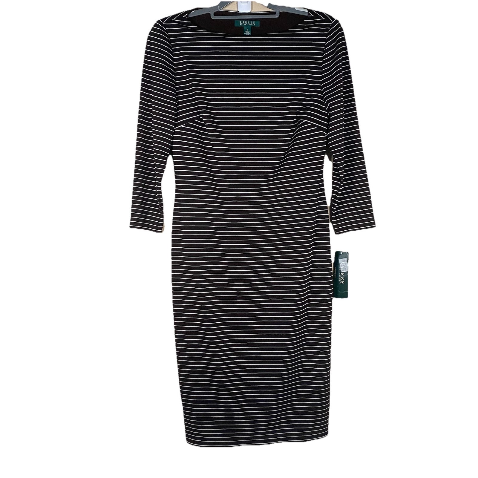 Lauren Ralph Lauren Boatneck Long Sleeve Brown Cream Stripe Dress Sz 6 Nwt $189